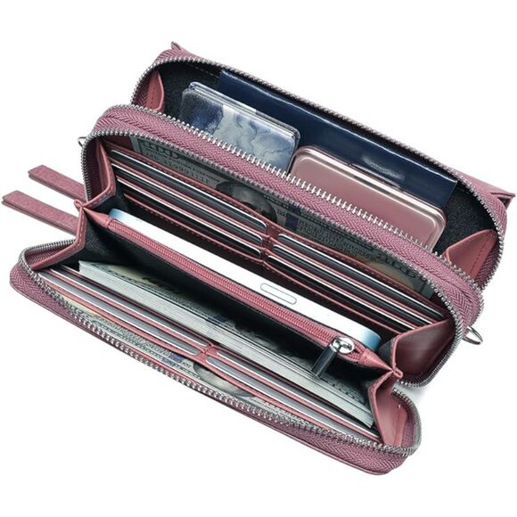 Women Lilac Rose Imported Faux Leather Crossbody Wallet With Phone Pocket Bags - Picture 2 of 4